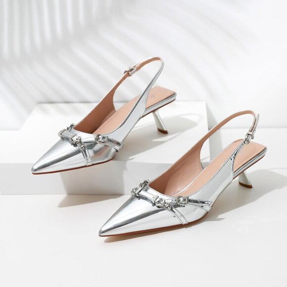 Women's Silver Pointed Toe Pumps Patent Leather Low Heel Slingback with Buckle - Picture 4 of 6
